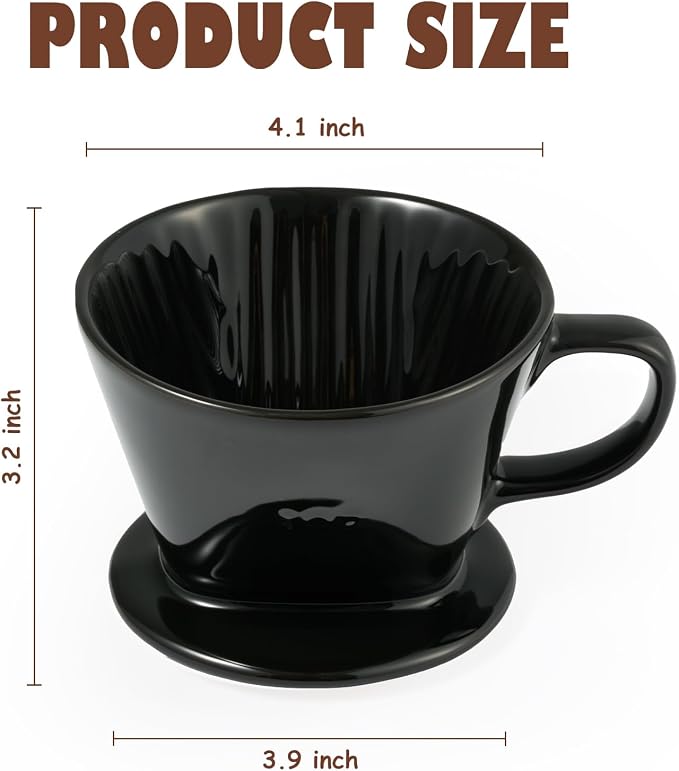 Pour Over Coffee Dripper, Ceramic Pour Over Coffee Maker with 3 Holes Flat Bottom, Easy Manual Brew Maker, Porcelain Slow Filter Cone for Travel, Camping, Office, Home,Black