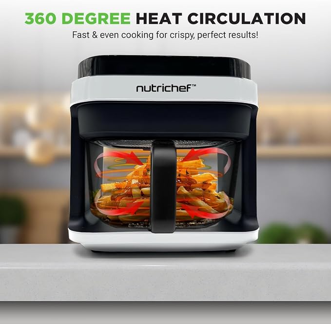 Nutrichef 5.8 Quart Air Fryer | 8-in-1 Preset Cook Modes| Transparent Fry Bowl for Best Cooking Results | Cook Shrimp, Steak, Fries, Wings, Chicken & More | Precise Temperature Control & Time | White