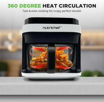Nutrichef 5.8 Quart Air Fryer | 8-in-1 Preset Cook Modes| Transparent Fry Bowl for Best Cooking Results | Cook Shrimp, Steak, Fries, Wings, Chicken & More | Precise Temperature Control & Time | White