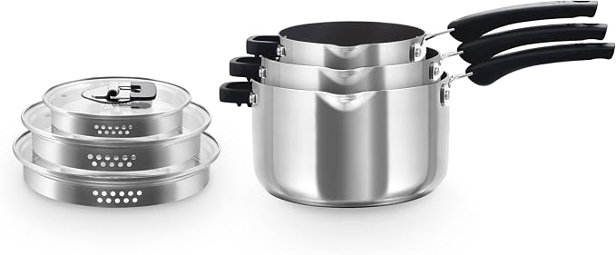 Zakarian x Dash TruPro® Nonstick Stainless Steel Stacking Sauce Pan Set - Compact Cookware Set for Everyday Cooking - Non-Stick, Space-Saving, and Oven-Safe - Black, 6-Piece Set