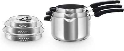 Zakarian x Dash TruPro® Nonstick Stainless Steel Stacking Sauce Pan Set - Compact Cookware Set for Everyday Cooking - Non-Stick, Space-Saving, and Oven-Safe - Black, 6-Piece Set