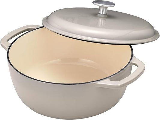 Amazon Basics Cast Iron Dutch Oven Pot with Lid, Enameled, Dual Handles, Round, Heavy-Duty, Small, 4.3-Quart, Linen Gray