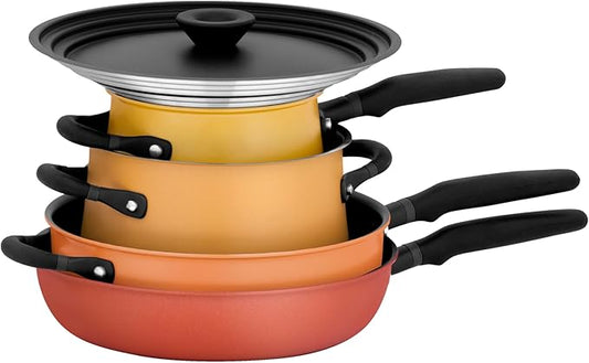 Meyer 6pc Stackable Set with Universal Lids | Hard Anodized Non Stick and Stainless Steel Pots and Pans | Induction Compatible | Dishwasher Safe | Oven Safe | Red, Orange, Yellow | Accent Cookware