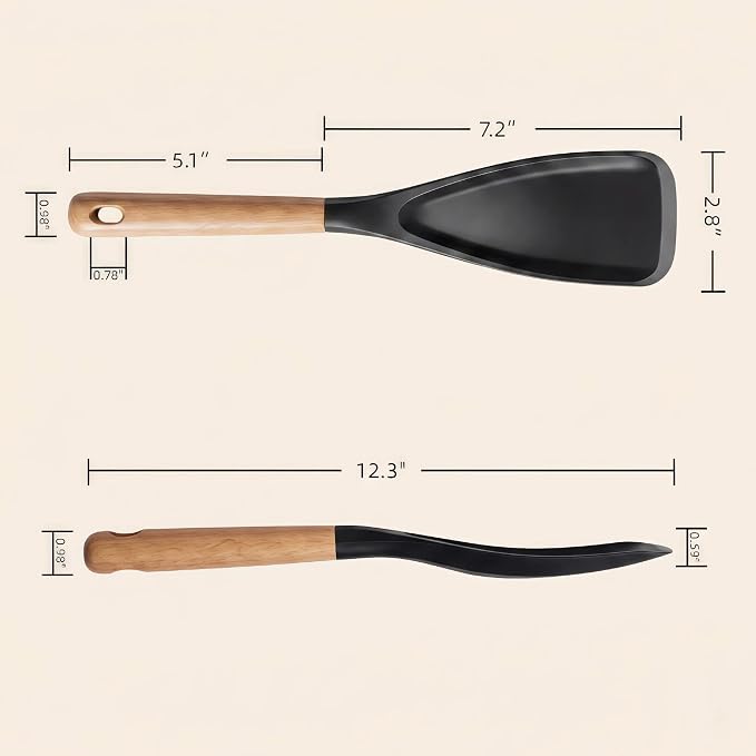 Silicone Cooking Spoon & Spoonula Spatula for Nonstick Cookware, Heat Resistant 600°F Kitchen Utensil, BPA-Free Food-Grade, Solid Wood Handle, Serving Scraping Scooping Stirring （Black & Grey)
