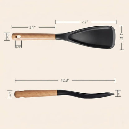 Silicone Cooking Spoon & Spoonula Spatula for Nonstick Cookware, Heat Resistant 600°F Kitchen Utensil, BPA-Free Food-Grade, Solid Wood Handle, Serving Scraping Scooping Stirring （Black & Grey)