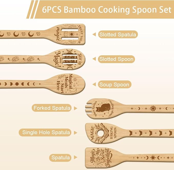 GLOBLELAND 6 Pcs Magic Wizard Words Wooden Spoons Utensil Set Magical Black Cat Bamboo Carving Kitchen Cooking Utensils Wooden Engraved Cooking Spatula Sets for Kitchen Fun House Warming Gift
