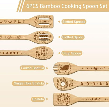 GLOBLELAND 6 Pcs Magic Wizard Words Wooden Spoons Utensil Set Magical Black Cat Bamboo Carving Kitchen Cooking Utensils Wooden Engraved Cooking Spatula Sets for Kitchen Fun House Warming Gift