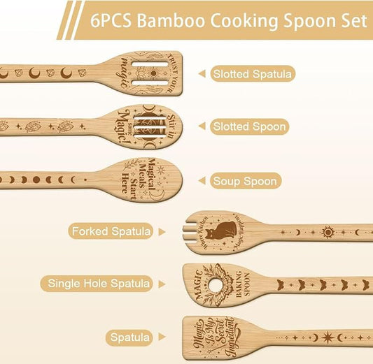 GLOBLELAND 6 Pcs Magic Wizard Words Wooden Spoons Utensil Set Magical Black Cat Bamboo Carving Kitchen Cooking Utensils Wooden Engraved Cooking Spatula Sets for Kitchen Fun House Warming Gift
