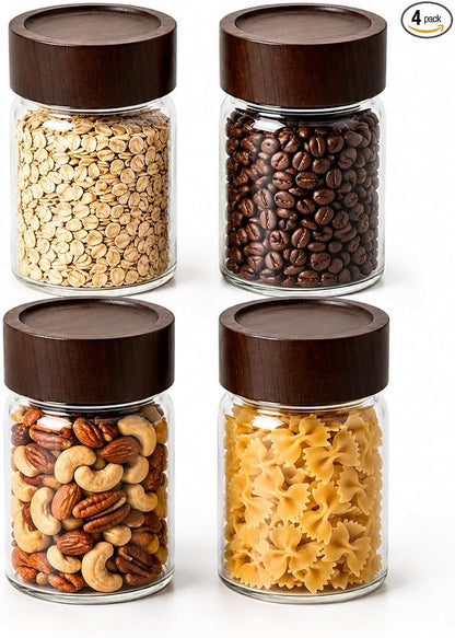 Wide Mouth Glass Storage Jars With 2.5" Acacia Wood Lids - 4 Pack of 9.5 Oz Food Storage Containers - Borosilicate Glass Canisters Sets For Kitchen - Pantry Organizers and Storage for Rice Coffee