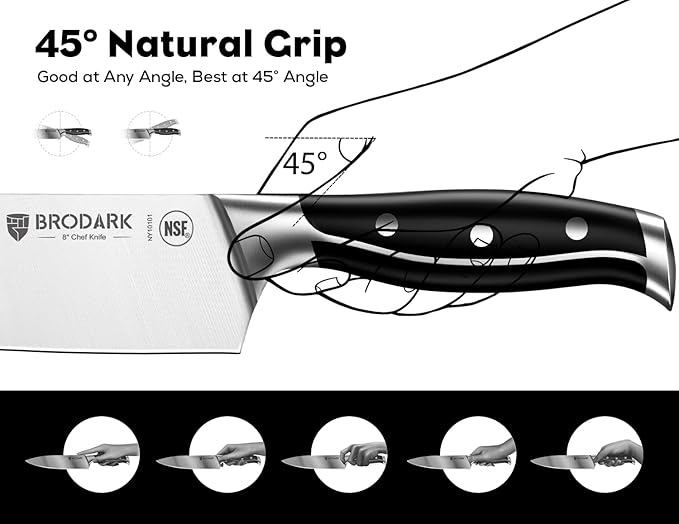 BRODARK Knife Set: 7 Piece Ultra Sharp Kitchen Knife Set Without Steak Knives, Knives Set for Kitchen with High Carbon Super Steel & Ergonomic Handle, Acacia Wood Block with Scissors and Sharpener