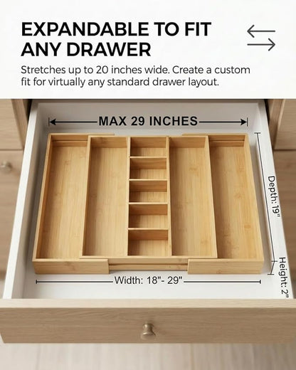 Expandable Bamboo Silverware Drawer Organizer, 5-7 Compartments | Expandable Design, 5-7 Compartments, Dual-Zone Storage, Natural Bamboo Construction, Easy Access Layout