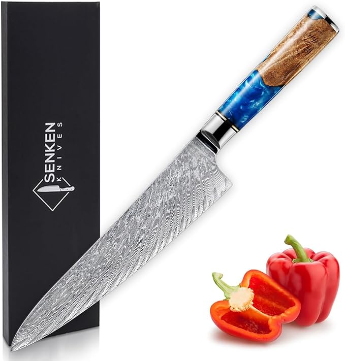 SENKEN Damascus Steel Chef's Knife - Tsunami Collection - 67-Layer Japanese VG10 Steel Core - Unique Blue Resin & Natural Wood Handle, Razor Sharp, Beautiful Damascus Wave Pattern (8" Chef's Knife)