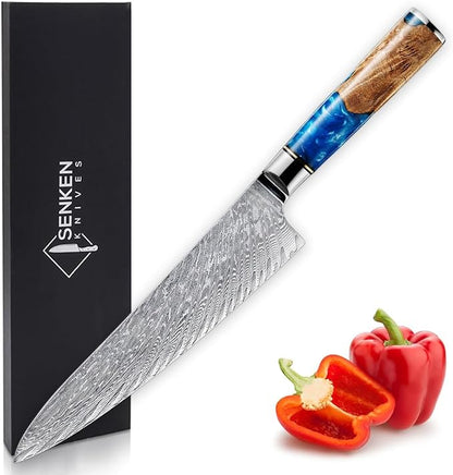 SENKEN Damascus Steel Chef's Knife - Tsunami Collection - 67-Layer Japanese VG10 Steel Core - Unique Blue Resin & Natural Wood Handle, Razor Sharp, Beautiful Damascus Wave Pattern (8" Chef's Knife)