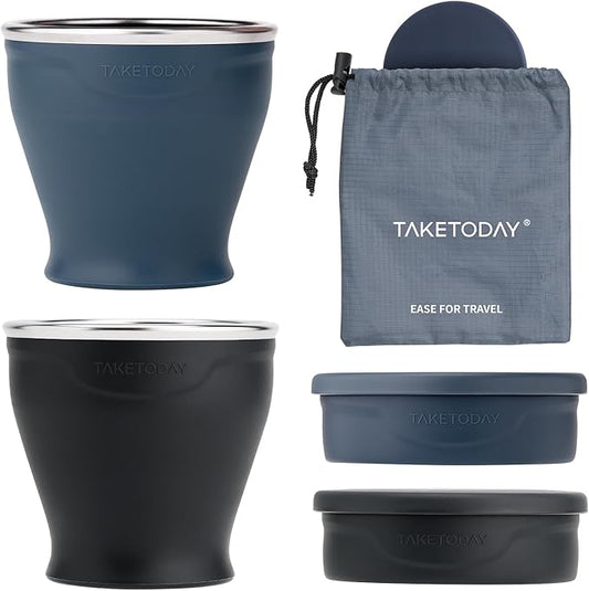TakeToday 2PCS Collapsible Travel Cup 8 oz - Silicone Foldable Water Cup, BPA-Free with Lid & Waterproof Bag - Drinking Cup Set for Camping, Outdoors & International Travel（ Navy & Charcoal）