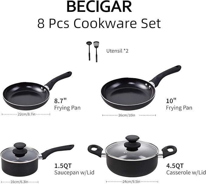 BECIGAR 8 Pcs Ceramic Pots and Pans Set, Cooking Pan Set, Nonstick Cookware Set, Induction Safe Kitchen Cooking Set with Frying Pans, Saucepans, shovel and Ladle, Blcak