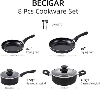 BECIGAR 8 Pcs Ceramic Pots and Pans Set, Cooking Pan Set, Nonstick Cookware Set, Induction Safe Kitchen Cooking Set with Frying Pans, Saucepans, shovel and Ladle, Blcak
