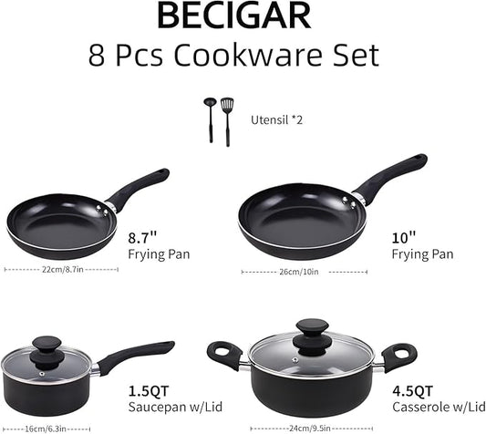 BECIGAR 8 Pcs Ceramic Pots and Pans Set, Cooking Pan Set, Nonstick Cookware Set, Induction Safe Kitchen Cooking Set with Frying Pans, Saucepans, shovel and Ladle, Blcak
