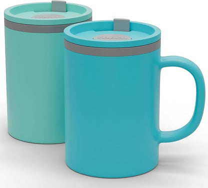 Copco Iconic 16oz Double Wall Insulated Desk Mug with Lid and Handle, Set of 2, BPA-Free Reusable Plastic, Spill-Resistant, Microwave & Dishwasher Safe, Wide Mouth (Aqua/Mint)