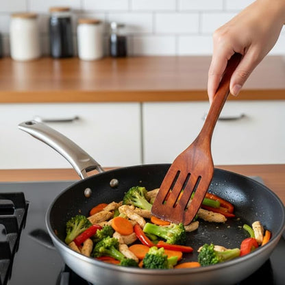 Wooden Utensil Set 9 PCS Hand-Crafted, Heat-Resistant, Non-Scratch & Easy-to-Clean Natural Teak Wooden Kitchen Tools with Spatula, Slotted Spatula, Spoons, Ladle, Pasta Server, Salad Fork, Holder Set