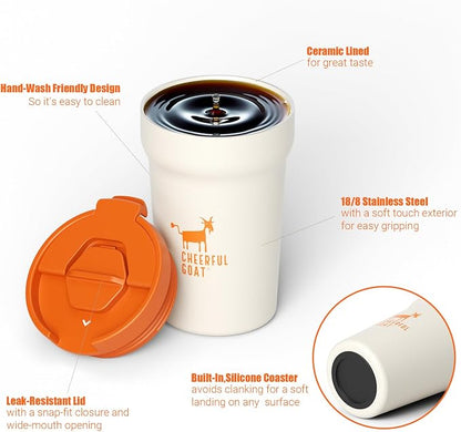 CHEERFUL GOAT Ceramic Lined Coffee Travel Mug – Stainless Steel Travel Coffee Tumbler with Ceramic Liner, with lid, 12oz Coffee Cup for Hot and Cold Water Coffee at Home, Office, or On the Go (white)