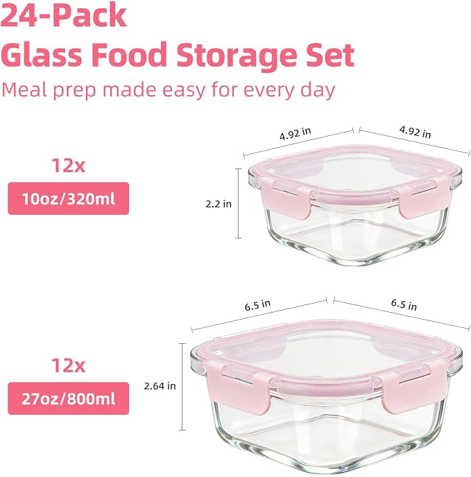 Konokyo Square Glass Food Storage Containers with Lids, 24 Pack Airtight Leakproof Meal Prep Containers, BPA-Free, Microwave Oven Freezer & Dishwasher Safe, Assorted Sizes