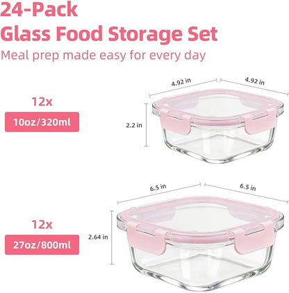 Konokyo Square Glass Food Storage Containers with Lids, 24 Pack Airtight Leakproof Meal Prep Containers, BPA-Free, Microwave Oven Freezer & Dishwasher Safe, Assorted Sizes