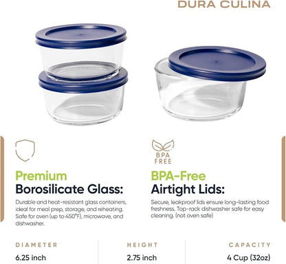 6-Piece Glass Food Storage Containers Set (3 Containers + 3 BPA-Free Lids) | 4-Cup, Leakproof | Microwave, Freezer, Oven & Dishwasher Safe | Ideal for Meal Prep & Pantry Organization, Blue