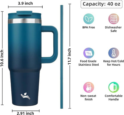 Konokyo 40 oz Tumbler with Handle and 2 Straws,2 in 1 Lid Insulated Water Bottle Stainless Steel Travel Coffee Mug,Indigo Black