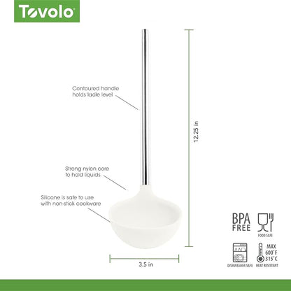 Tovolo Silicone Ladle With Stainless Steel Handle Deep Soup Ladle for Cooking Canning Serving Soup Punch Stew Sauce, Large Kitchen Utensil Spoon Dishwasher Safe BPA Free Silicone White