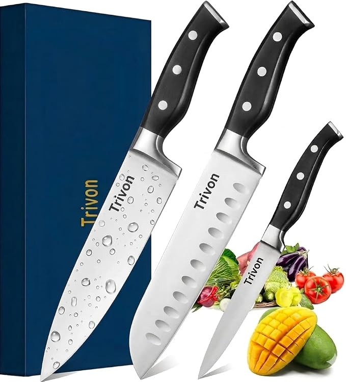 Trivon Kitchen Knife Set with Gift Box – 3-Piece Professional Chef Knife Set, Japanese High-Carbon Stainless Steel Ultra-Sharp Cooking Knives 8" Chef Knife + 7" Santoku + 5" Utility Knife