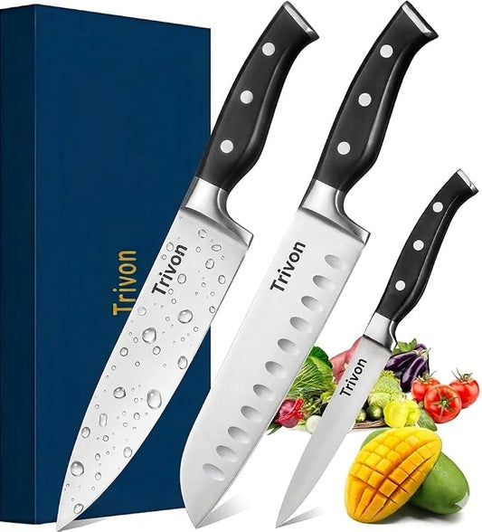 Trivon Kitchen Knife Set with Gift Box – 3-Piece Professional Chef Knife Set, Japanese High-Carbon Stainless Steel Ultra-Sharp Cooking Knives 8" Chef Knife + 7" Santoku + 5" Utility Knife