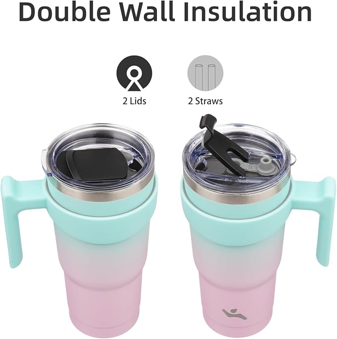 Konokyo 20 oz Tumbler with Handle and 2 Straw 2 Lid, Insulated Water Bottle Stainless Steel Vacuum Cup Reusable Travel Mug,Gum