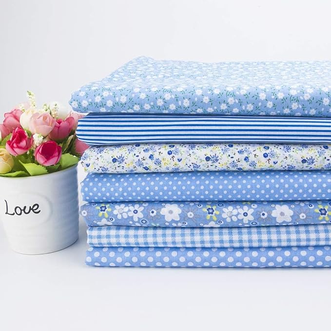 7Pcs 9.8" x 9.8"(25 * 25CM) Cotton Fabric DIY Making Supplies Quilting Patchwork Fabric Fat Quarter Bundles DIY for Quilting Cotton Patchwork Cushions (Blue, 9.8" x 9.8")