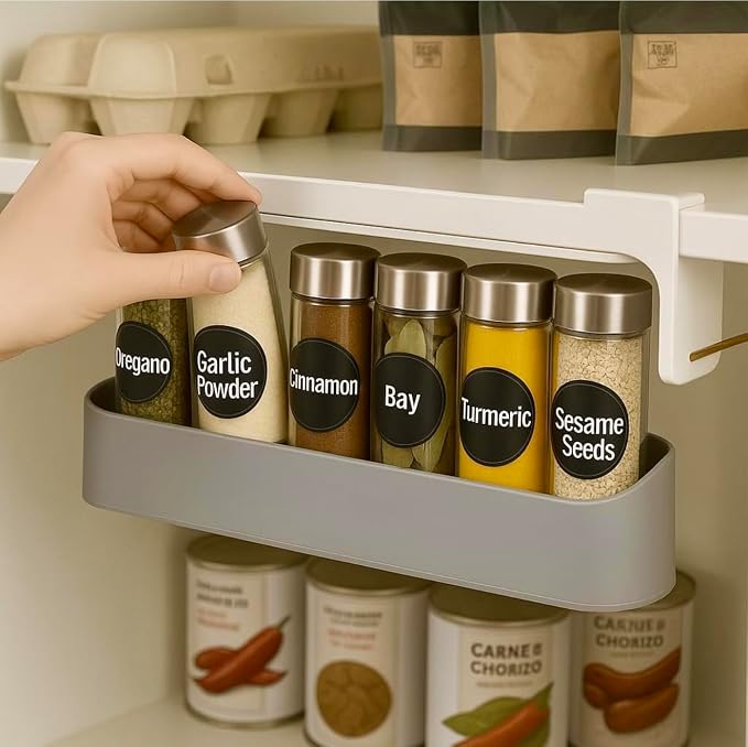 SpiceSpace Organizer Set – Under-Shelf Mounted Rack with 6 Glass Spice Jars & 18 Preprinted Labels – Minimalist Space-Saving Spice Rack for Pantry, Cabinet, or Kitchen Shelf