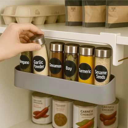 SpiceSpace Organizer Set – Under-Shelf Mounted Rack with 6 Glass Spice Jars & 18 Preprinted Labels – Minimalist Space-Saving Spice Rack for Pantry, Cabinet, or Kitchen Shelf