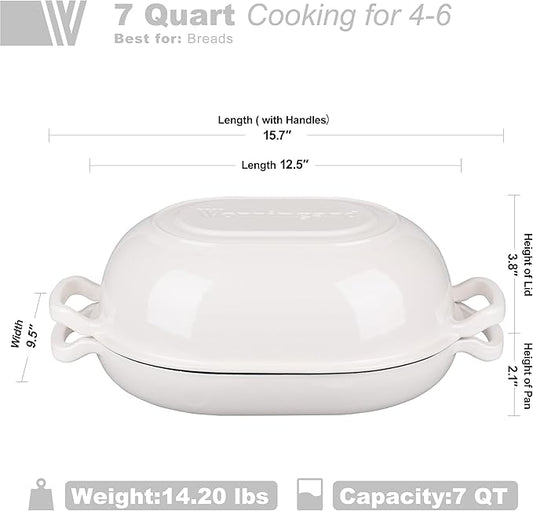 VORRINGARD Enameled Cast Iron Sourdough Bread Oven, Dutch Oven, Loaf Cast Iron Bread Pan for Homemade Bread Baking, Meatloaf Pan with Lid, 7QT, White