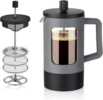 YOLIFE French Press Coffee Maker, 21 oz Small Coffee Tea Press with Heat-resistant Borosilicate Glass, 4-Level Filtration Systems, Portable Coffee Pot for Camping Travel Gifts, Grey and Black