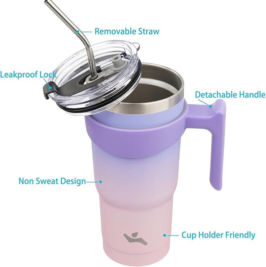 Konokyo 20 oz Tumbler with Handle and 2 Straw 2 Lid, Insulated Water Bottle Stainless Steel Vacuum Cup Reusable Travel Mug,Pastel Sunset