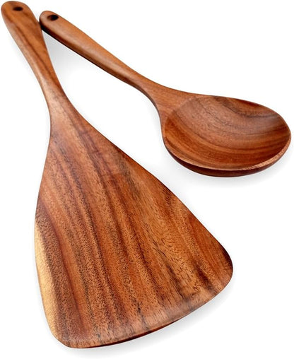 2 Piece Teak Wood Utensils Set– Flat Edge Turner & Serving Spoon – Non Toxic, Dishwasher Safe, Plastic Free Wooden Spatulas for Nonstick Pans – Essential Kitchen Utensils for Cooking"