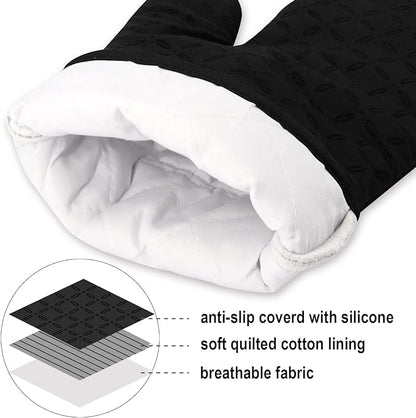 KEGOUU Oven Mitts and Pot Holders 6pcs Set, Kitchen Oven Glove High Heat Resistant 500 Degree Extra Long Oven Mitts and Potholder with Non-Slip Silicone Surface for Cooking (Black)