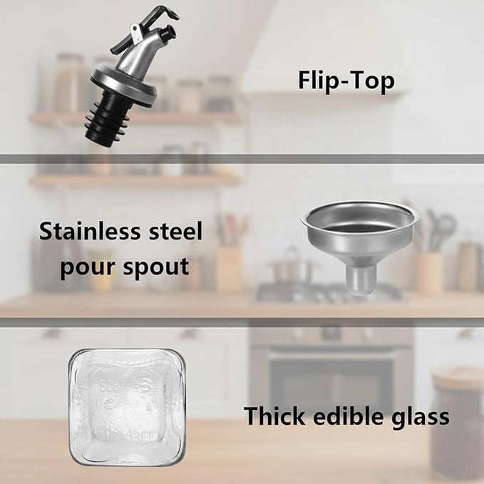 WERTIOO Olive Oil Dispenser Bottle, 17 OZ Glass Oil Dispenser for Kitchen with 1 Pourer,1 Stainless Steel Funnel & 1 Pen and 8 Label for Kitchen (500ml)