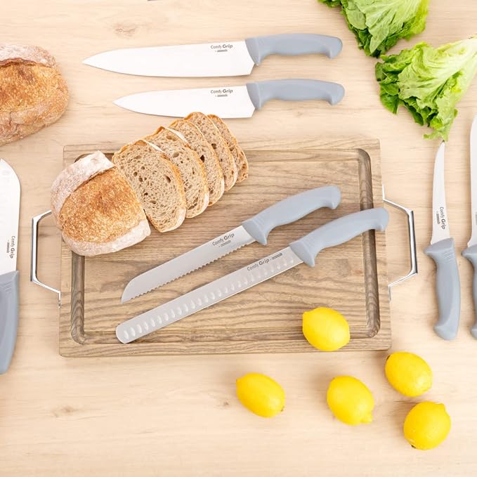 Restaurantware Comfy Grip 8 Inch Bread Knife 1 Sharp Serrated Knife - Ergonomic Handle Non-Slip Grip Gray Stainless Steel Bread Cutting Knife Dishwashable Slice All Types Of Bread