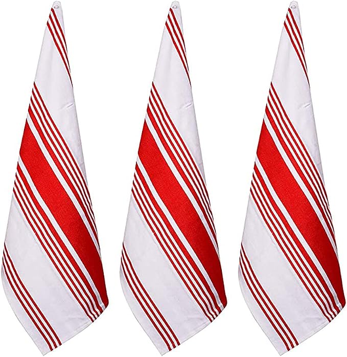 Urban Villa Kitchen Towels 100% Cotton Dish Towels for Kitchen (Set of 3) 20”x30” Dish Cloths Highly Absorbent Kitchen Linen Set with Hanging Loop Perfect for Drying Dishes Cleaning Towels-Red White