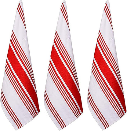 Urban Villa Kitchen Towels 100% Cotton Dish Towels for Kitchen (Set of 3) 20”x30” Dish Cloths Highly Absorbent Kitchen Linen Set with Hanging Loop Perfect for Drying Dishes Cleaning Towels-Red White
