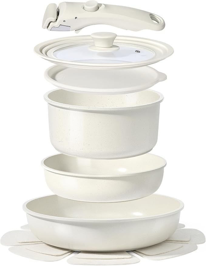 GiPP Ceramic Pots and Pans Set Non Stick, Nonstick Detachable Handle Cookware Sets, Healthy Non Toxic PFAS PFOA & PTFE Free, Dishwasher ＆Oven Safe, Induction Kitchen Pot and Pan, 8 Piece Cream