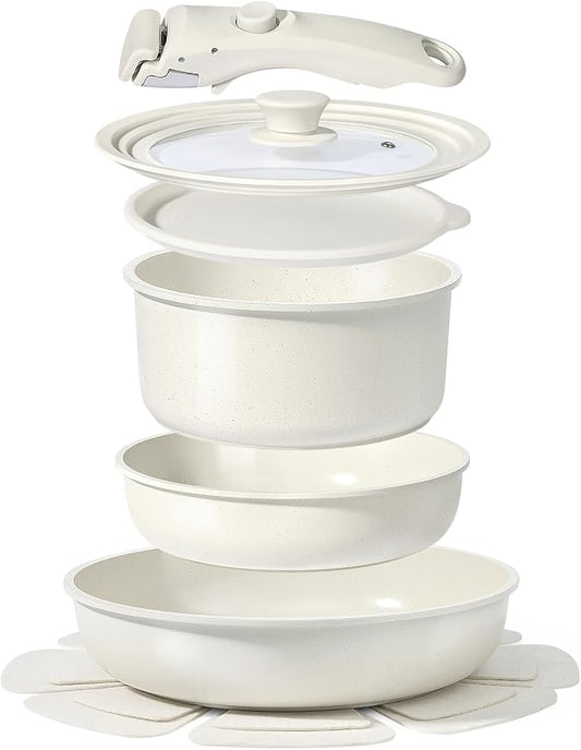 GiPP Ceramic Pots and Pans Set Non Stick, Nonstick Detachable Handle Cookware Sets, Healthy Non Toxic PFAS PFOA & PTFE Free, Dishwasher ＆Oven Safe, Induction Kitchen Pot and Pan, 8 Piece Cream