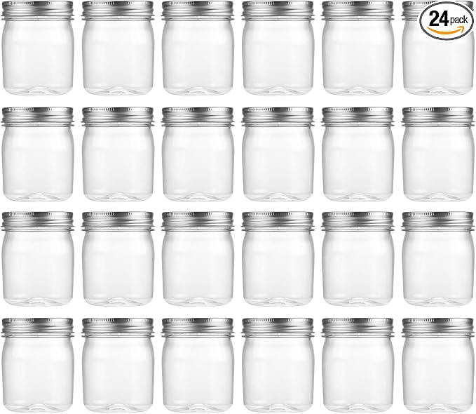 novelinks 8 oz Clear Plastic Jars with Airtight Lids, 24 Pack Plastic Mason Jars with Lids 8oz, Refillable Storage Slime Containers & Small Spice Jar for Kitchen Organization (24 Pack,Silver)