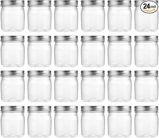 novelinks 8 oz Clear Plastic Jars with Airtight Lids, 24 Pack Plastic Mason Jars with Lids 8oz, Refillable Storage Slime Containers & Small Spice Jar for Kitchen Organization (24 Pack,Silver)