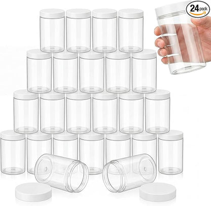 SATINIOR 24 Pieces Empty Clear Plastic Jars with Lids Round Storage Containers Wide Mouth for Beauty Product Cosmetic Cream Lotion Liquid Butter Craft and Food(White Lid,12 oz)