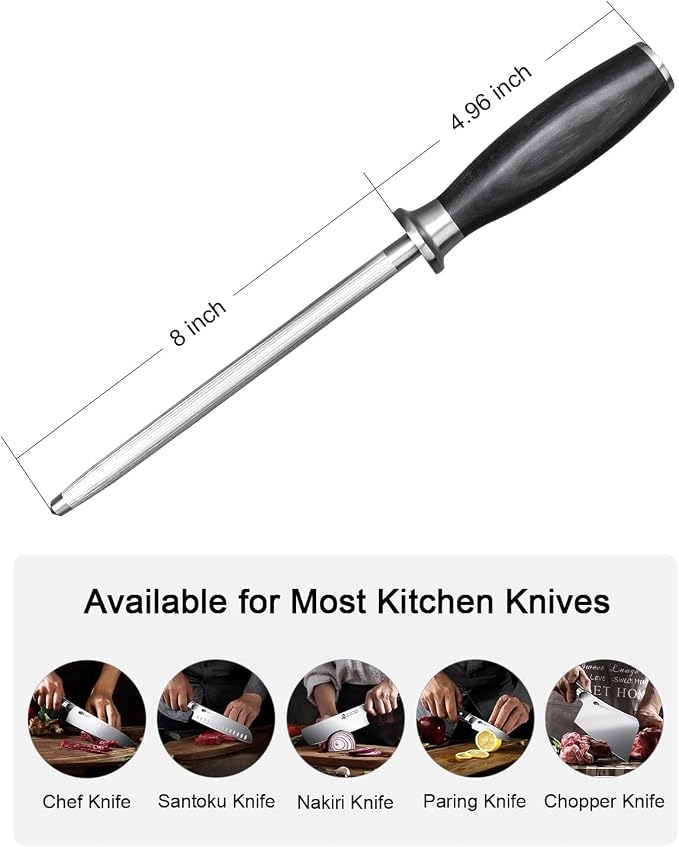 TUO Honing Rod, Knife Sharpening Rod 8 Inch, High Carbon German Steel Knife Sharpener with Ergonomic Pakkawood Handle, Premium Honing Steel for Kitchen Knives Blade Maintenance, Black Hawk Series